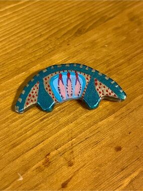 Handcrafted crescent moon brooch whimsical enamel painted with shimmer 2”